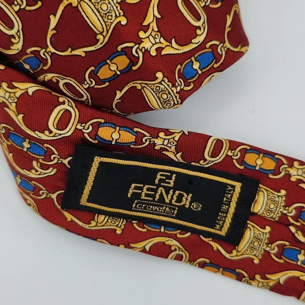 Fendi Cravatte 100% Silk Tie Men’s Burgundy Gold Equestrian Print Made in Italy